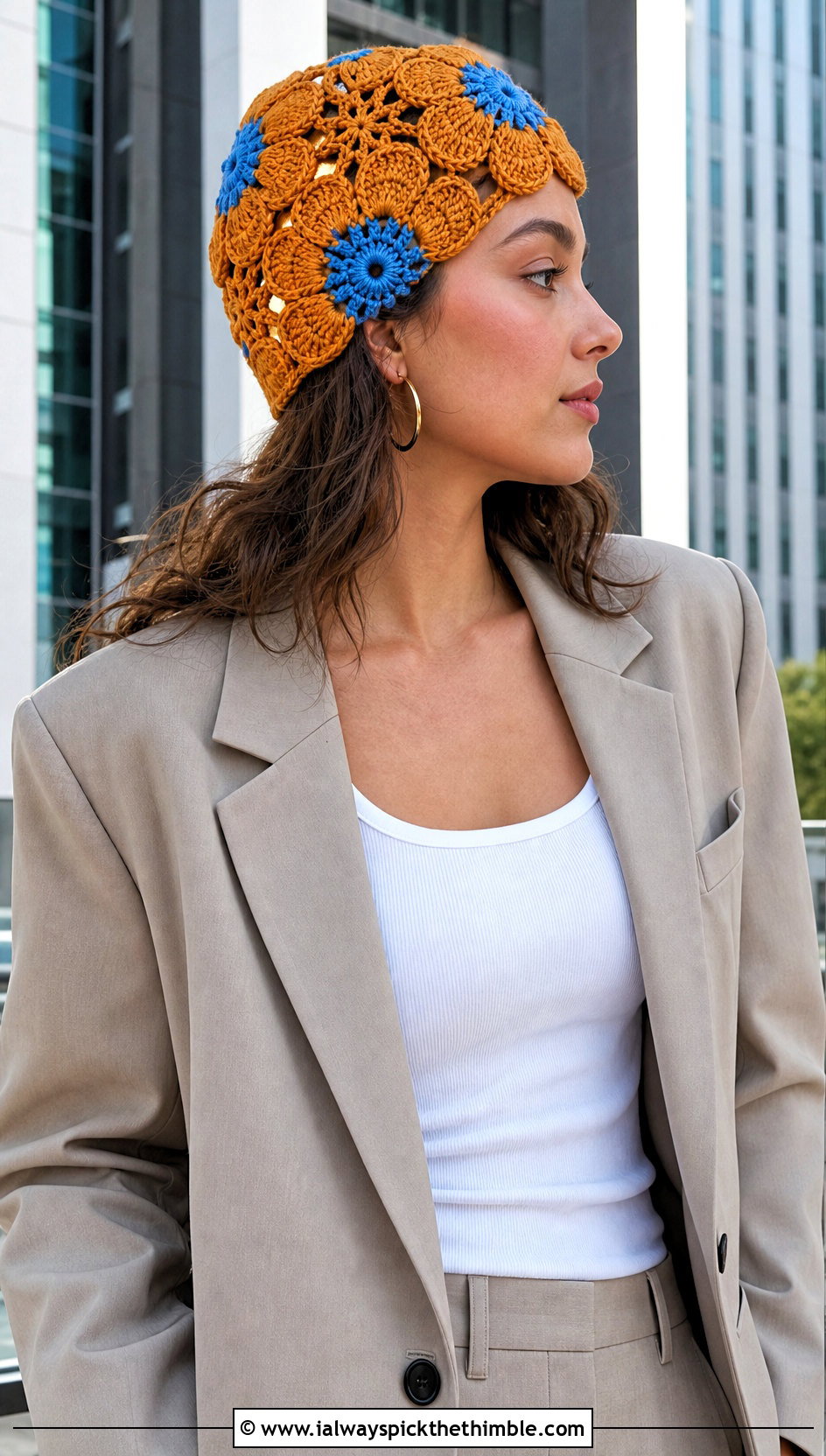 Five Petal Flower Crochet Cap With Blazer And Shorts - 20 crochet flower hat outfit ideas