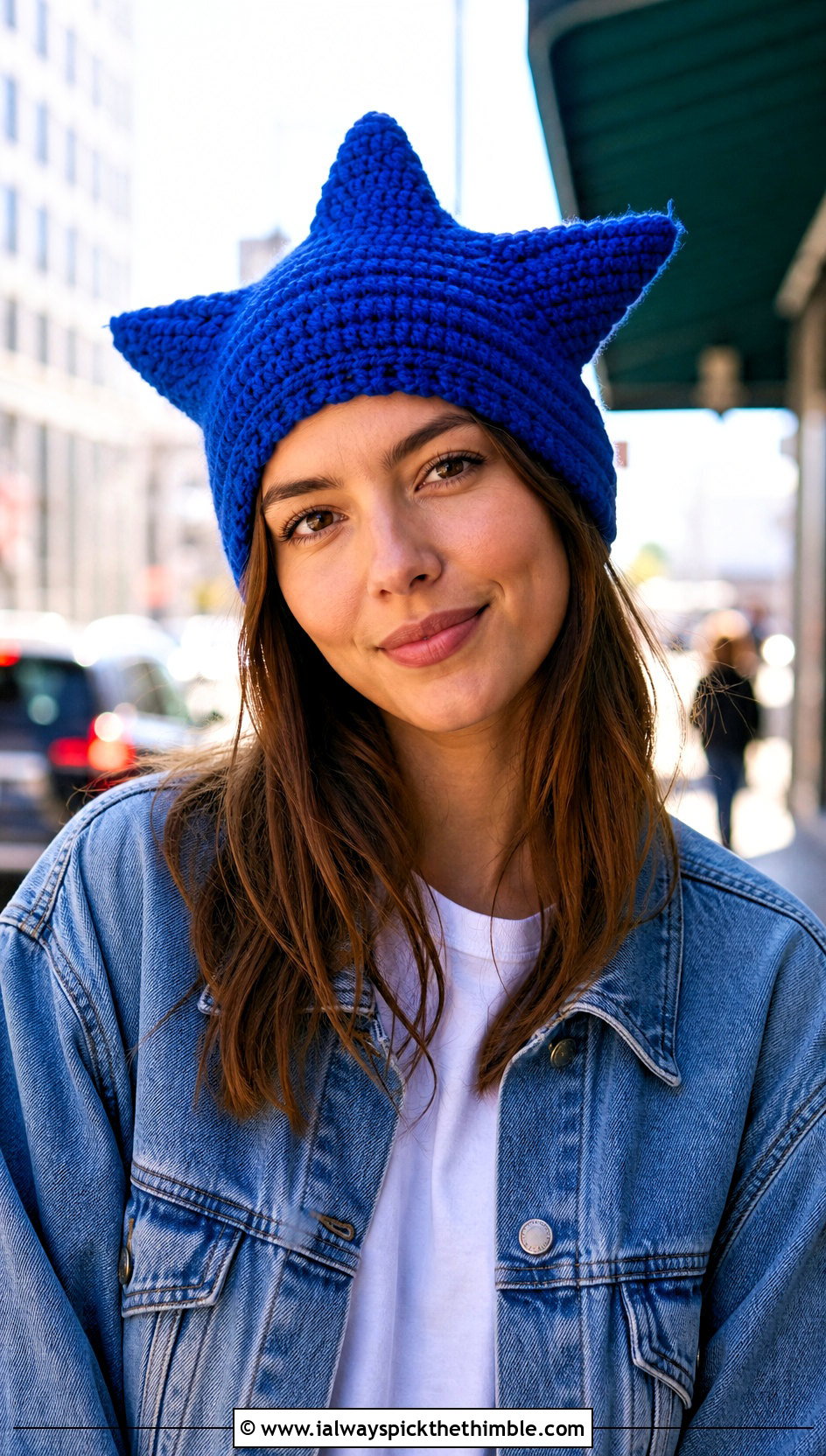 Five Point Crochet Star Beanie With Denim Jacket - 25 crochet star beanie outfit ideas