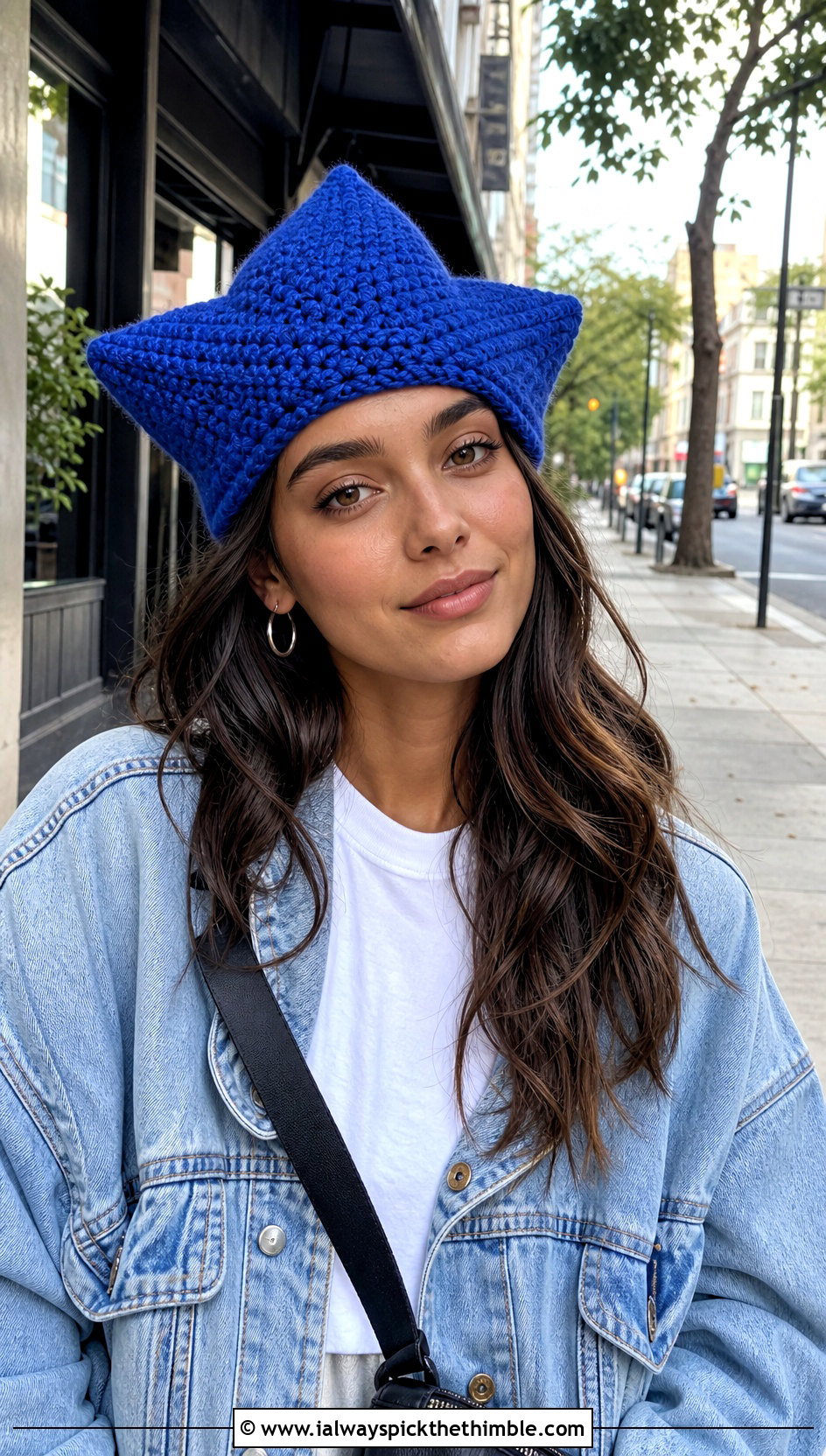 Five Point Crochet Star Beanie With Denim Jacket - 20 crochet star hat outfit ideas