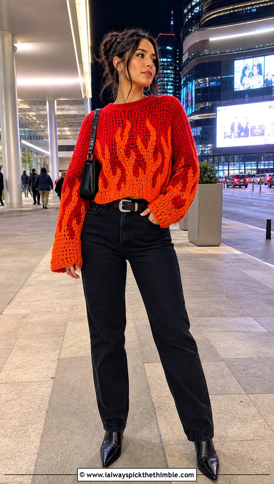 Flame Crochet Graphic Sweater With Black Denim - 20 crochet graphic sweater outfit ideas