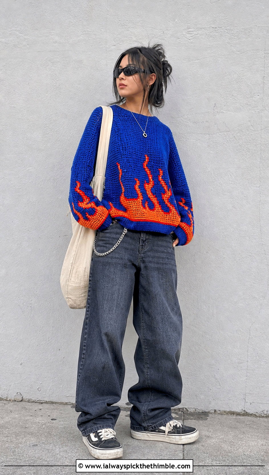 Flame Motif Crochet Sweater With Baggy Jeans - 20 alt crochet sweater outfit ideas