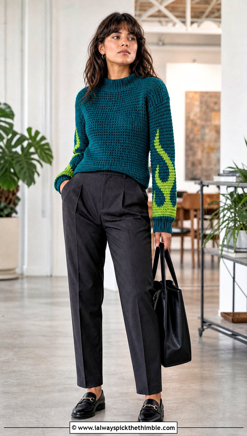 Flame Sleeve Crochet Fire Sweater With Tailored Trousers - 20 Crochet Fire Sweater outfit ideas