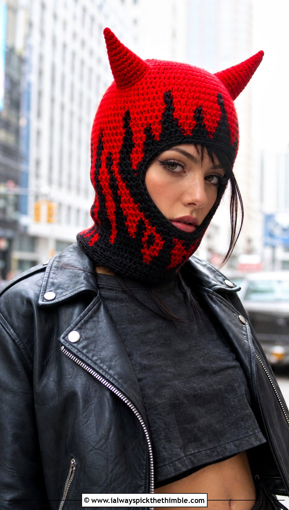 Flame Stitch Crochet Devil Horn Balaclava With Moto Jacket - 20 crochet devil horn balaclava outfit ideas