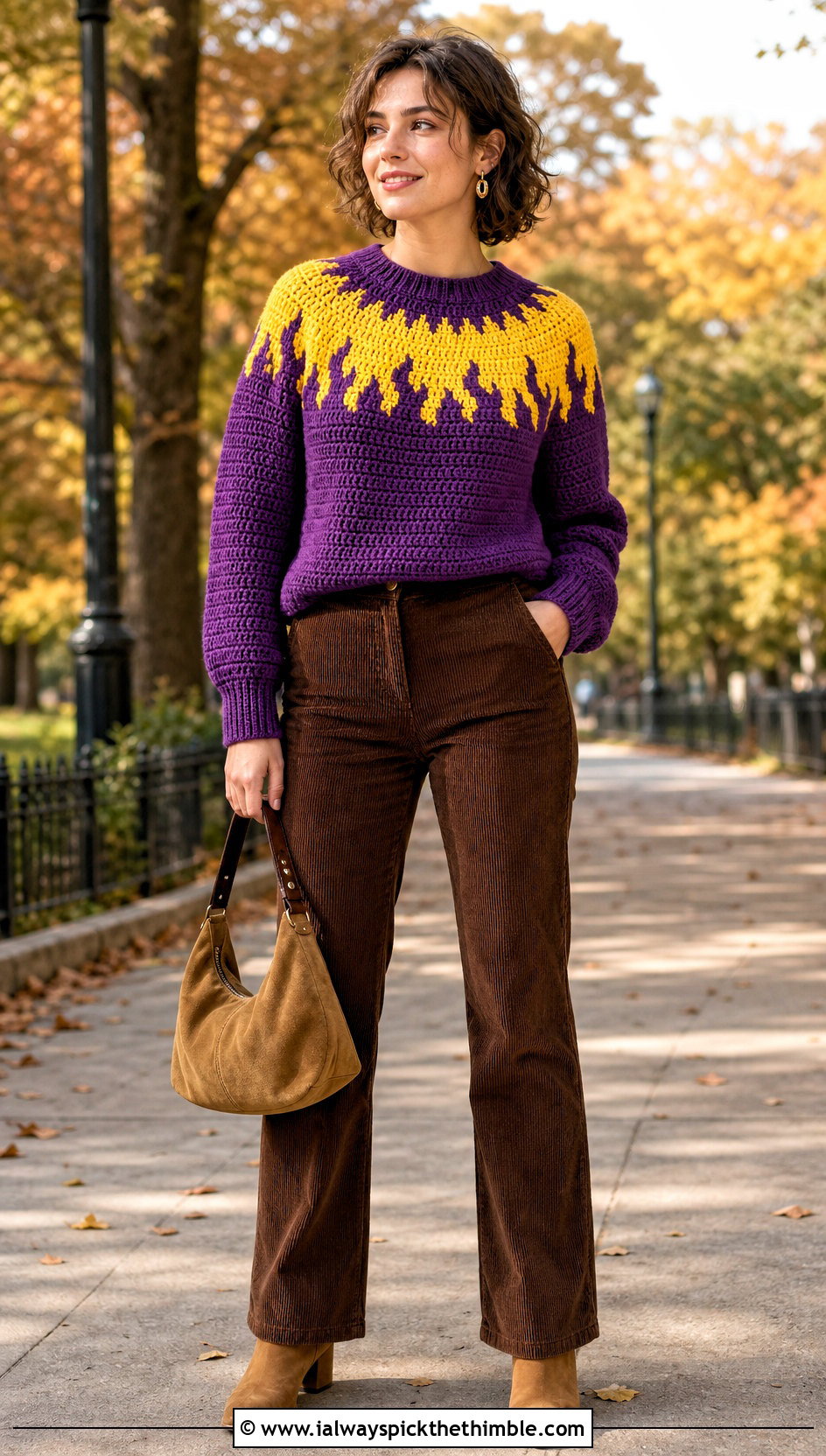 Flame Yoke Crochet Fire Sweater With Corduroy Pants - 20 Crochet Fire Sweater outfit ideas