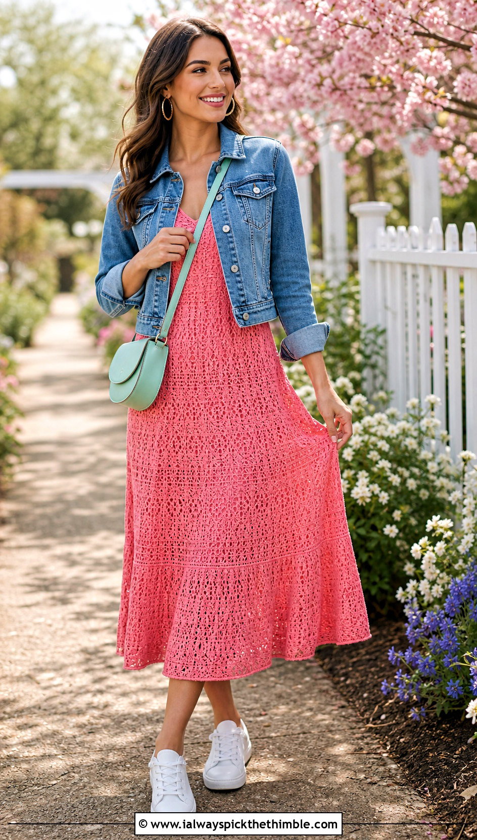 Flamingo Pink Crochet Midi Dress With Denim Jacket - 25 pink crochet outfit ideas