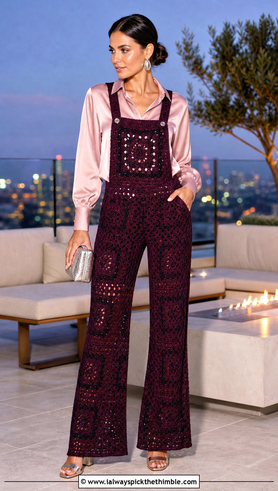 Flare Leg Granny Square Crochet Overalls With Satin Blouse - 20 Granny Square Crochet Overalls outfit ideas