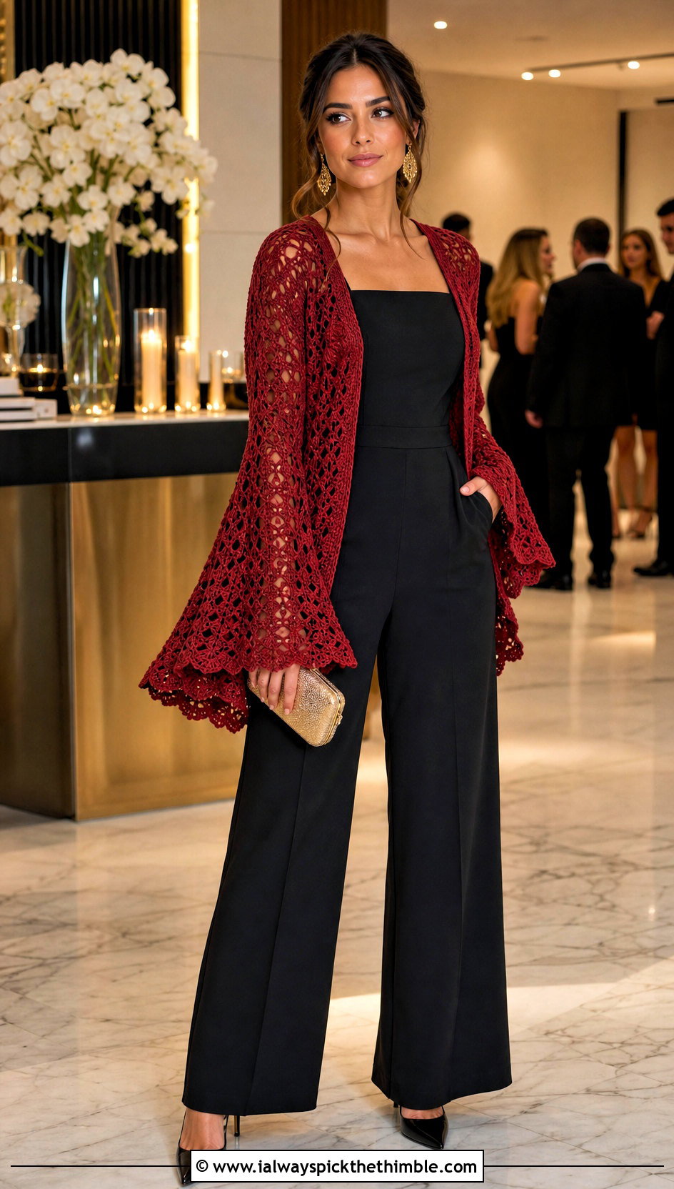 Flare Sleeve Crochet Cardigan With Black Jumpsuit - 20 basic crochet cardigan outfit ideas