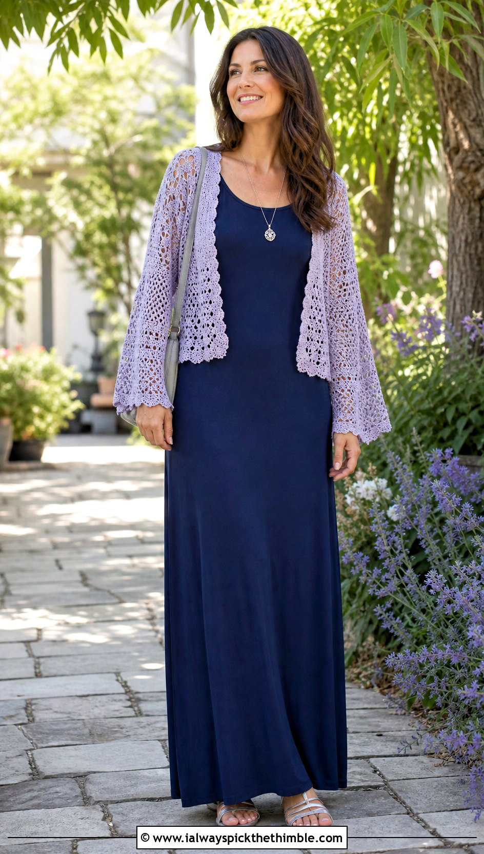 Flare Sleeve Crochet Shrug With Maxi Dress - 20 Crochet Long Sleeve Half Top outfit ideas