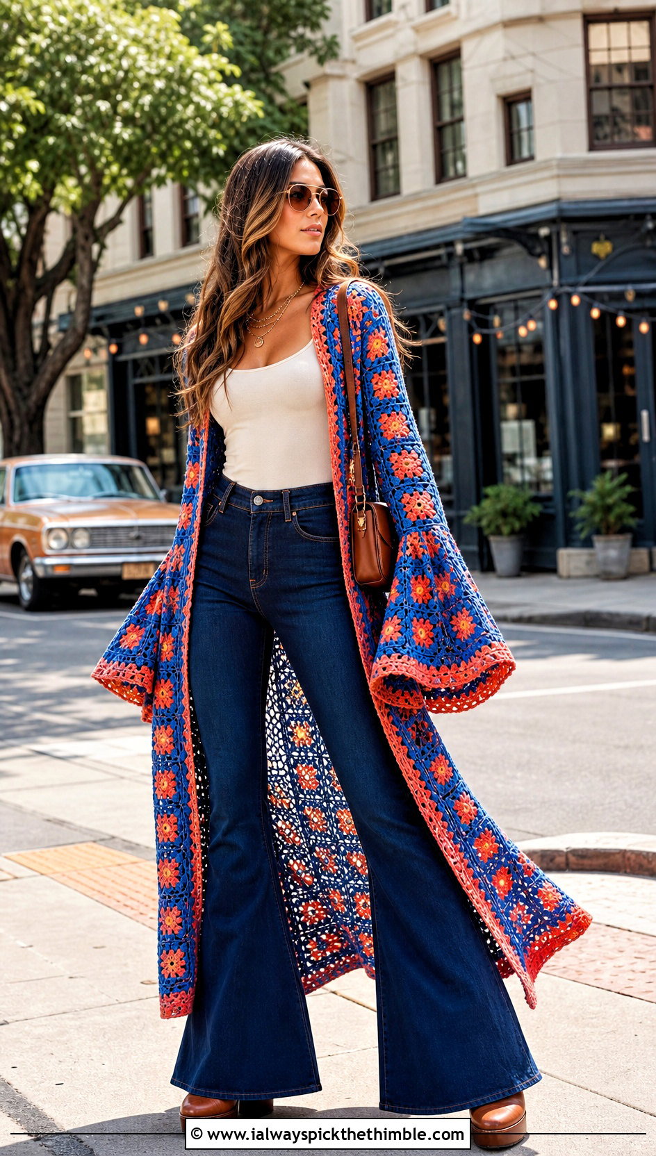 Flare Sleeve Granny Square Duster With Flare Jeans - 25 granny square duster outfit ideas