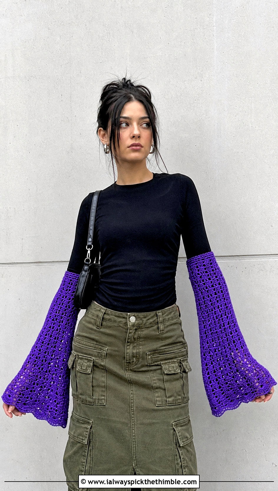 Flared Crochet Arm Warmers With Fitted Top And Cargo Skirt - 25 crochet hand warmer outfit ideas
