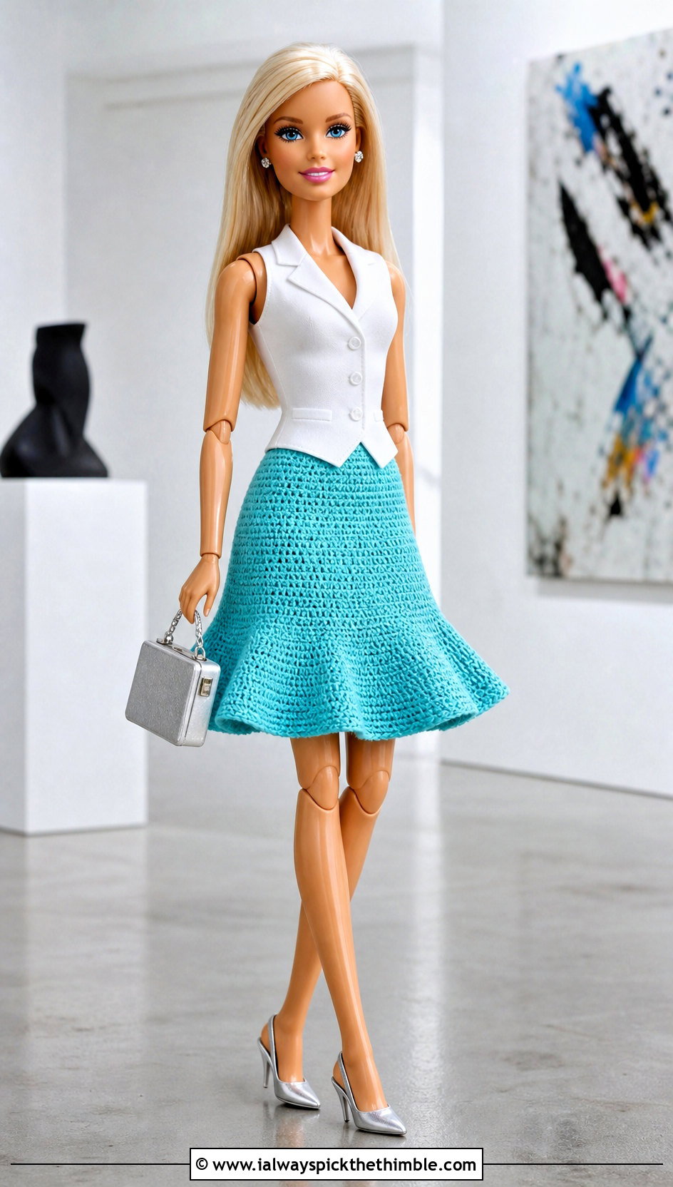 Flared Crochet Barbie Skirt With Tailored Vest - 20 Crochet Barbie Skirt outfit ideas