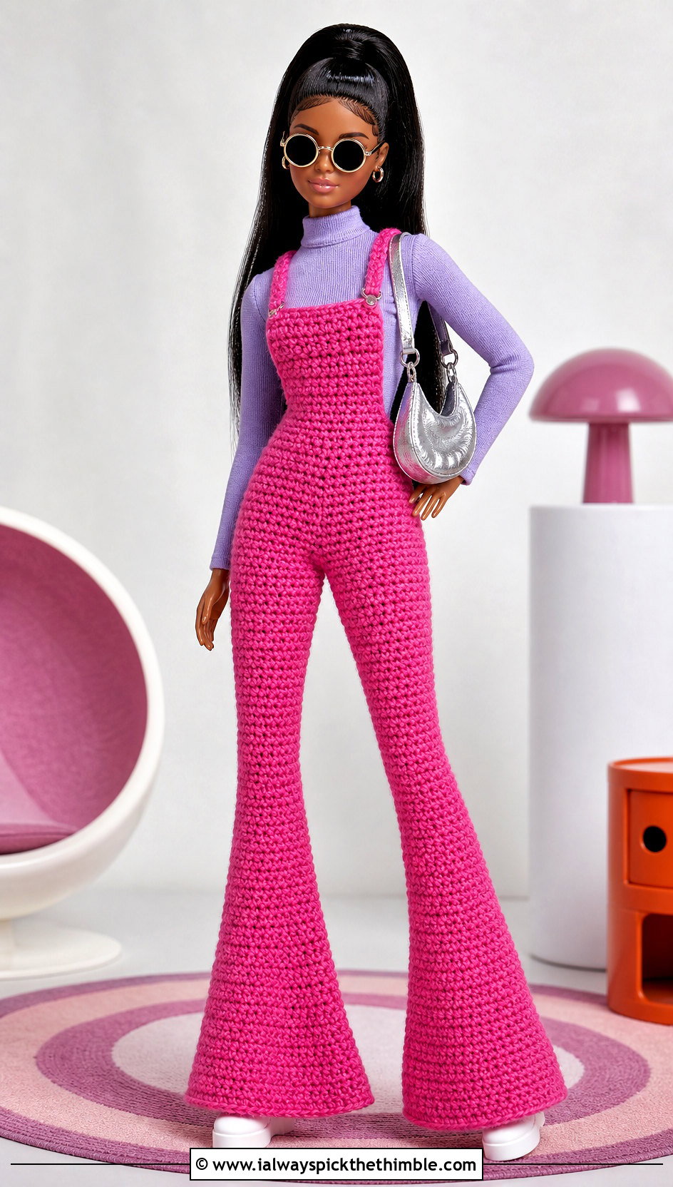 Flared Crochet Doll Overalls With Mock Neck Top - 20 crochet doll overalls outfit ideas