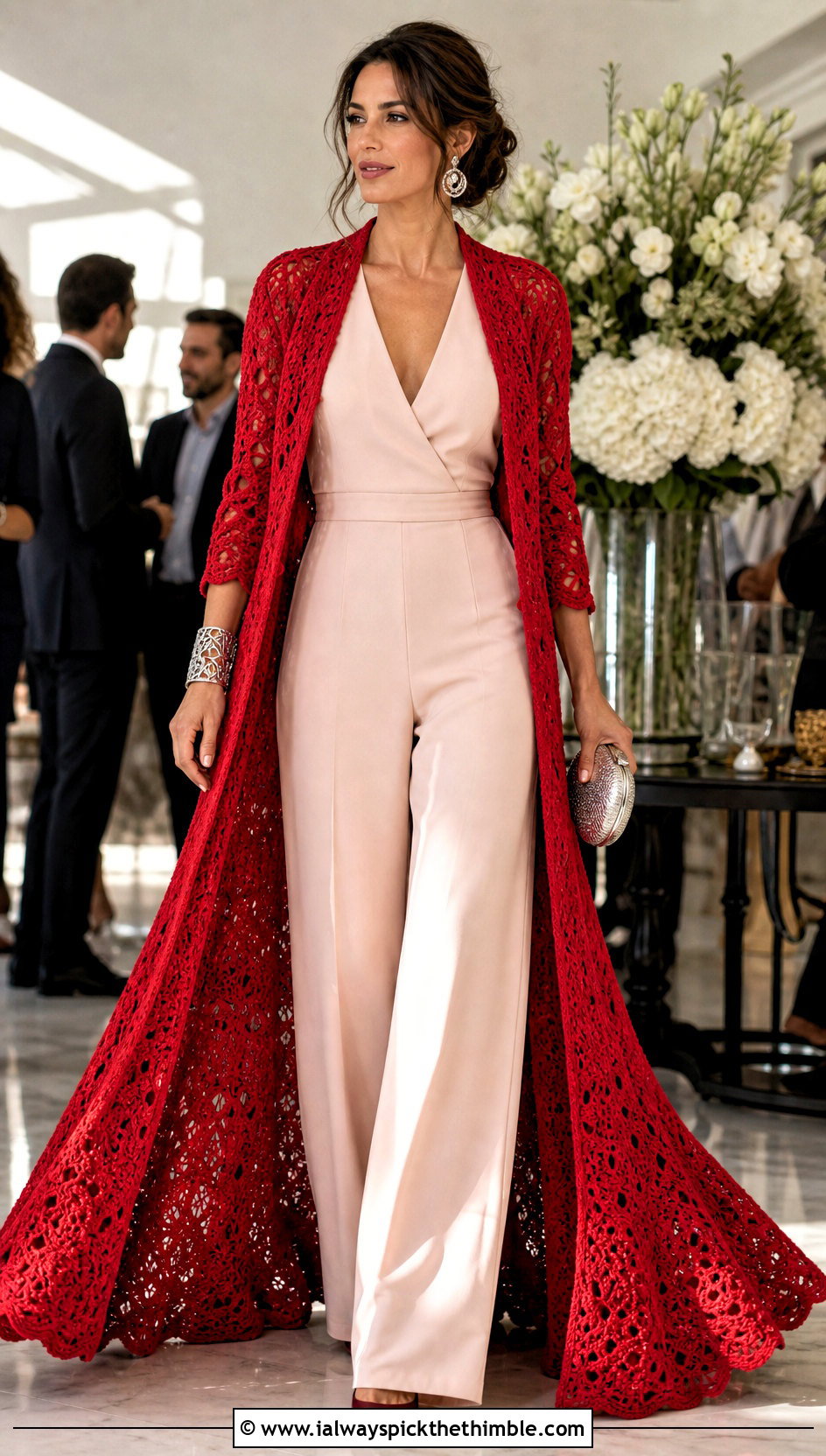 Flared Crochet Maxi Coat With Jumpsuit - 25 crochet long coat outfit ideas