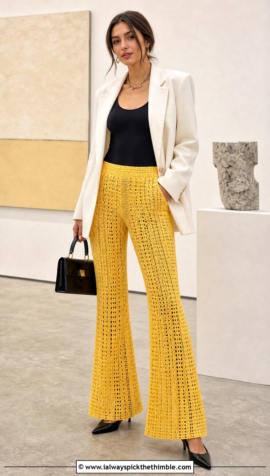 Flared Crochet Pants With Oversized Blazer - 20 crochet pants women outfit ideas