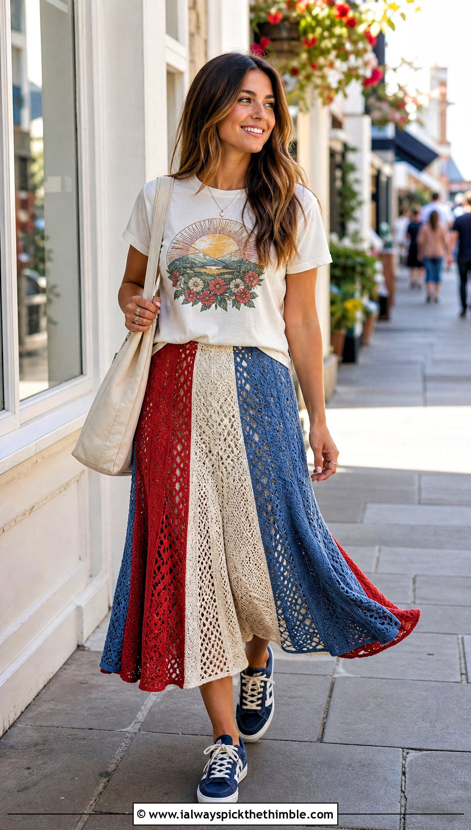 Flared Crochet Patchwork Midi Skirt With Graphic T Shirt - 20 crochet patchwork skirt outfit ideas