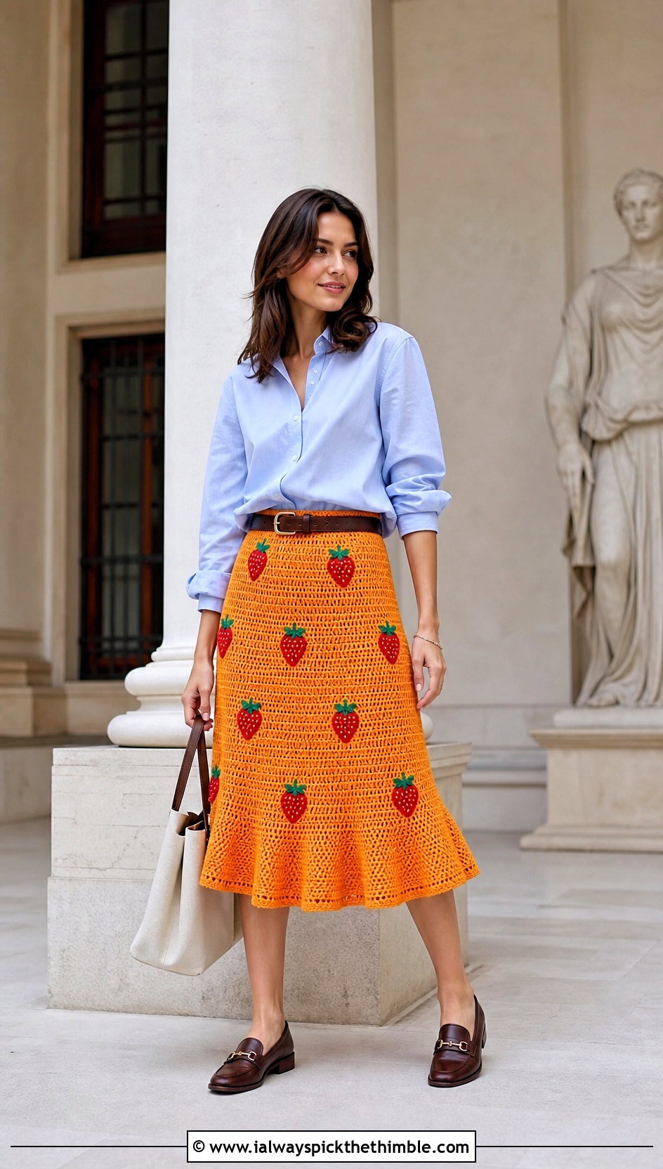 Flared Crochet Strawberry Skirt With Button Down Shirt - 20 crochet strawberry skirt outfit ideas