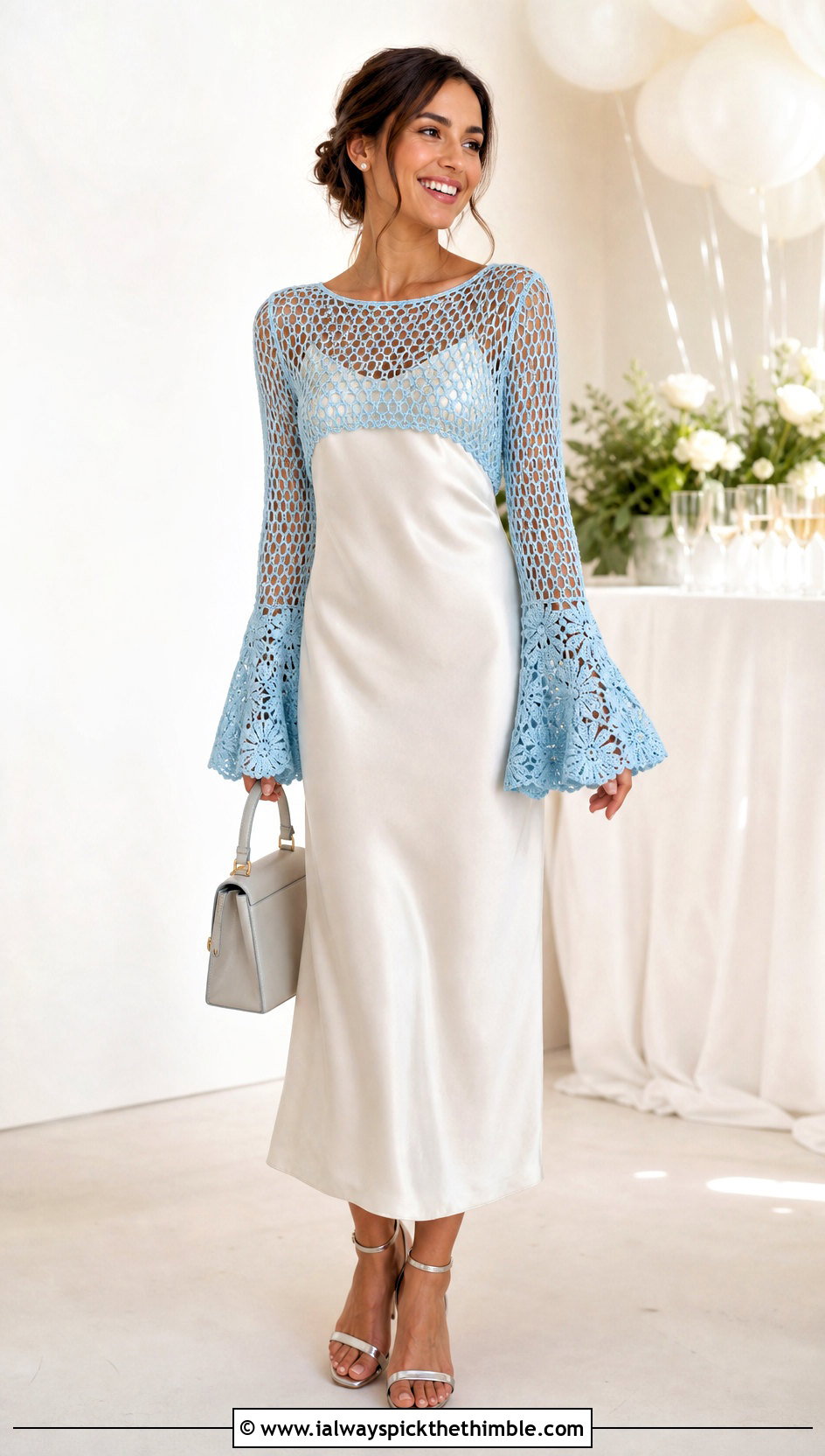 Flared Cuff Crochet Mesh Top With Slip Dress - 20 crochet mesh sleeve top outfit ideas