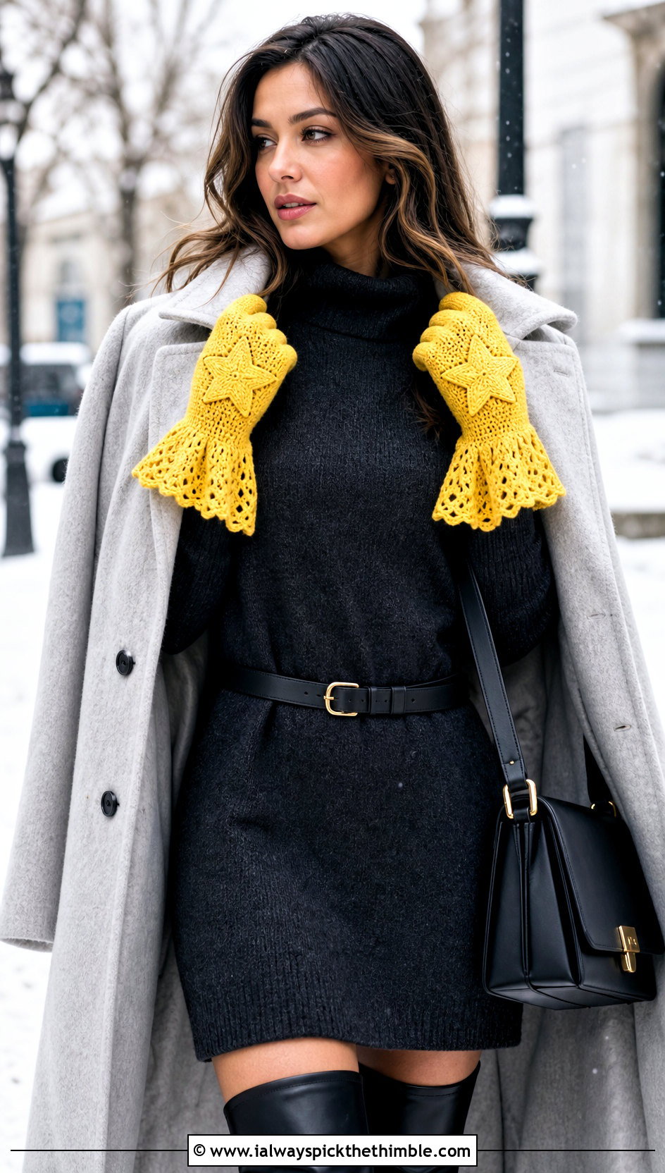 Flared Cuff Star Gloves With Sweater Dress - 25 crochet star gloves outfit ideas