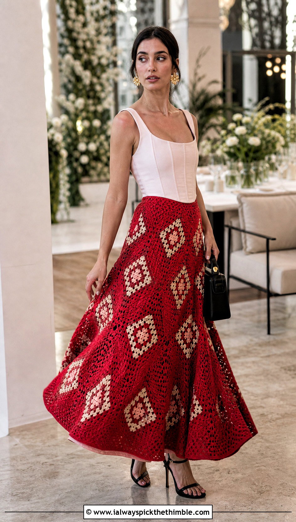 Flared Granny Square Maxi Skirt With Corset Seam Top - 20 granny square crochet skirt outfit ideas