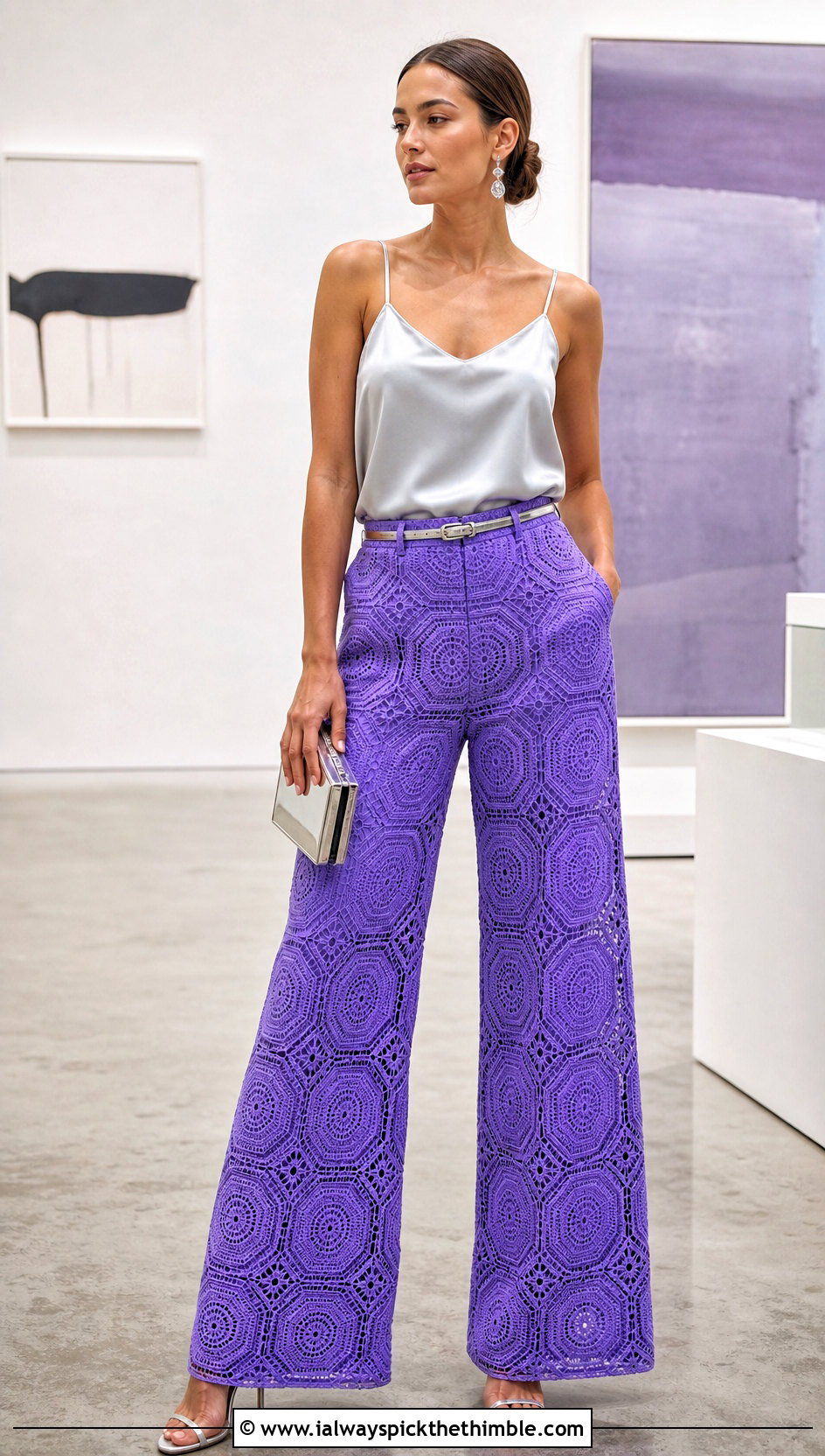 Flared Octagon Pants With Satin Camisole - 15 Crochet Octagon Pants outfit ideas