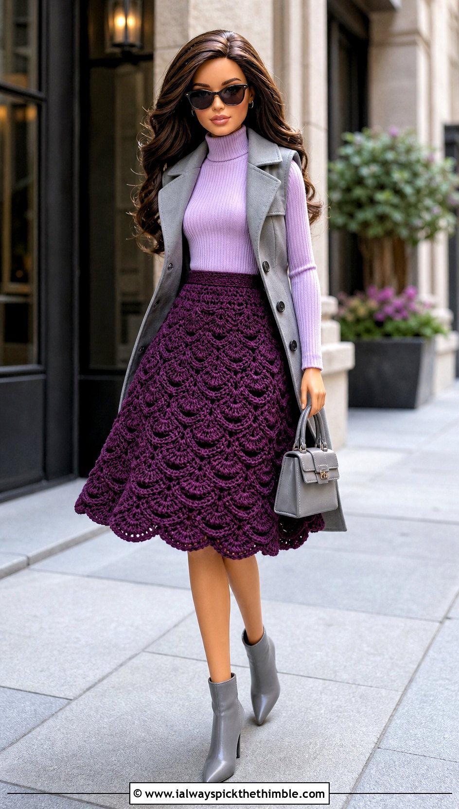 Flared Shell Stitch Doll Skirt With Trench Vest - 15 Crochet Doll Skirts outfit ideas
