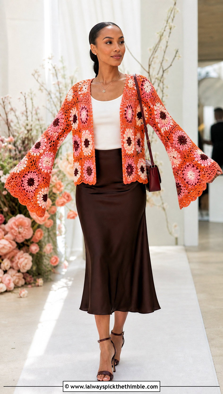 Flared Sleeve African Flower Crochet Cardigan With Satin Skirt - 20 african flower crochet cardigan outfit ideas