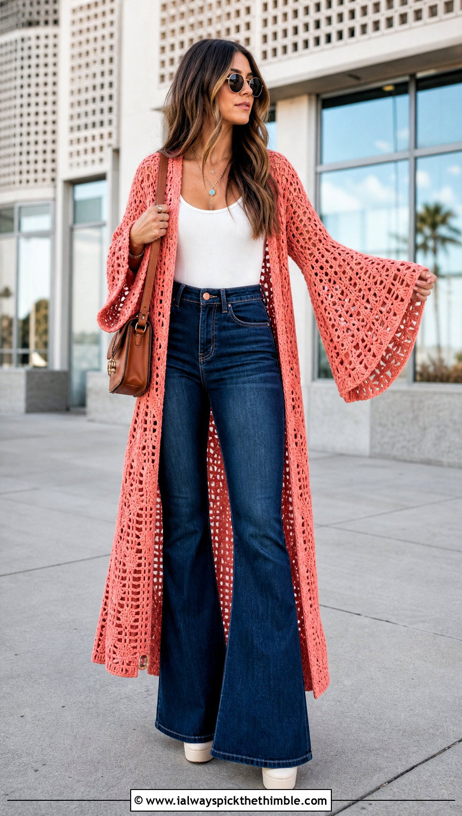 Flared Sleeve Crochet Duster With Flared Jeans - 25 crochet long cardigan outfit ideas