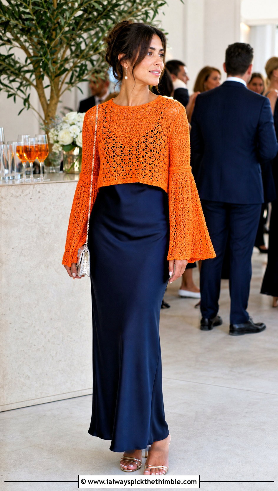 Flared Sleeve Crochet Half Sweater With Bias Maxi Dress - 25 crochet half sweater outfit ideas