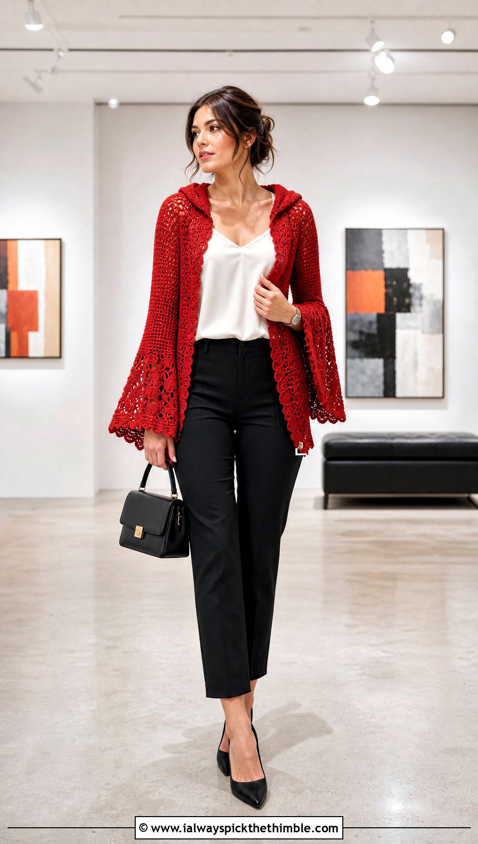 Flared Sleeve Hooded Crochet Shrug With Cigarette Pants - 20 hooded crochet shrug outfit ideas