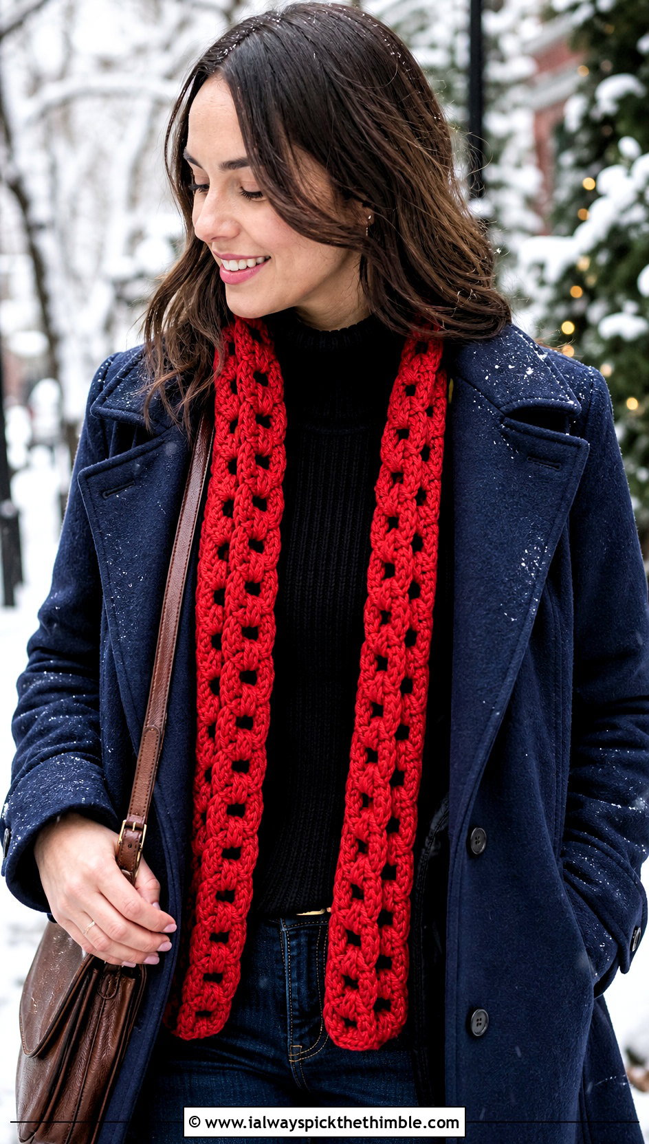 Flat Chain Motif Scarf With Peacoat And Jeans - 20 Crochet Chain Link Scarf outfit ideas