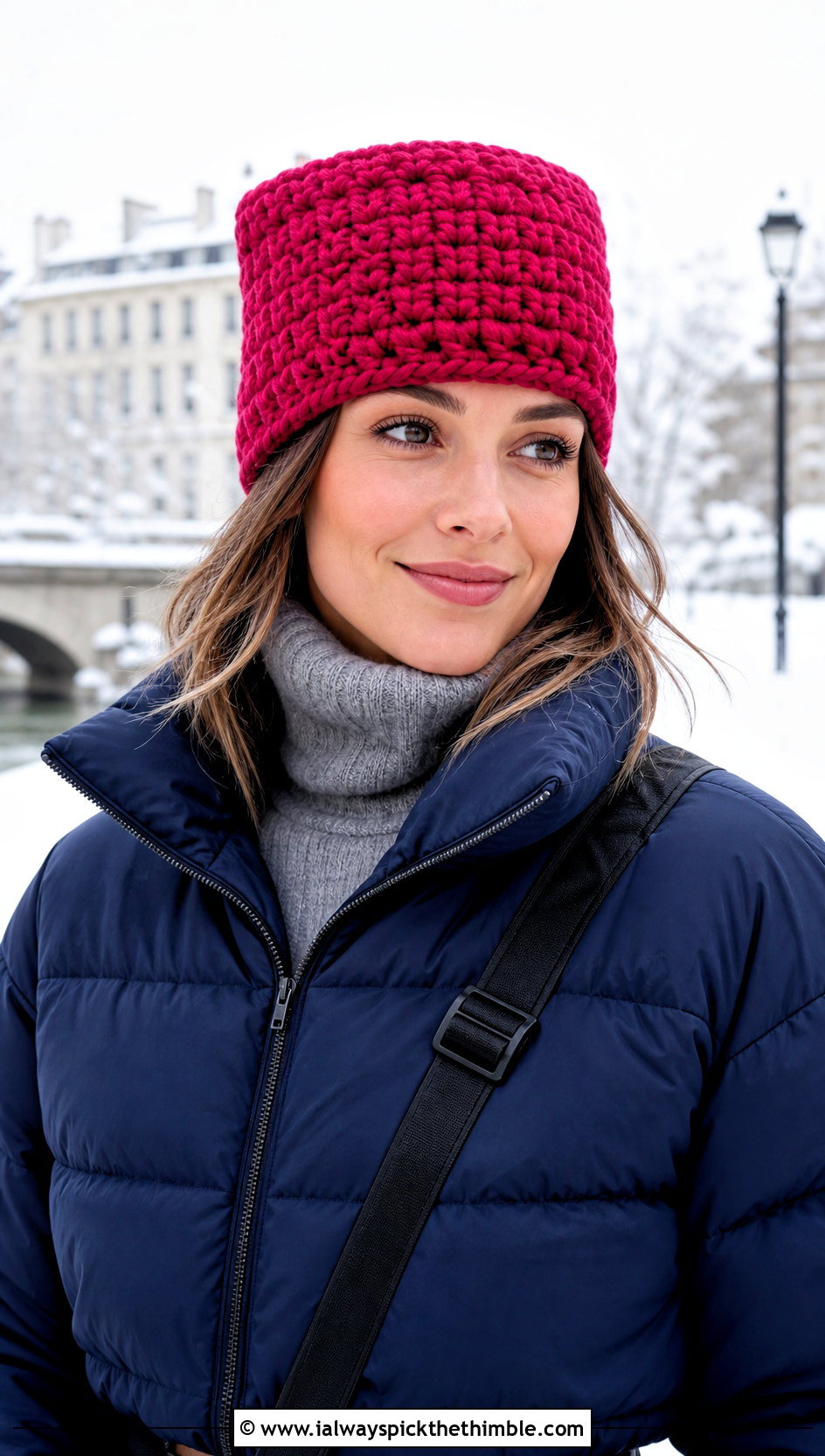 Flat Top Chunky Crochet Beanie With Puffer Jacket - 20 Flat Top Crochet Hat outfit ideas
