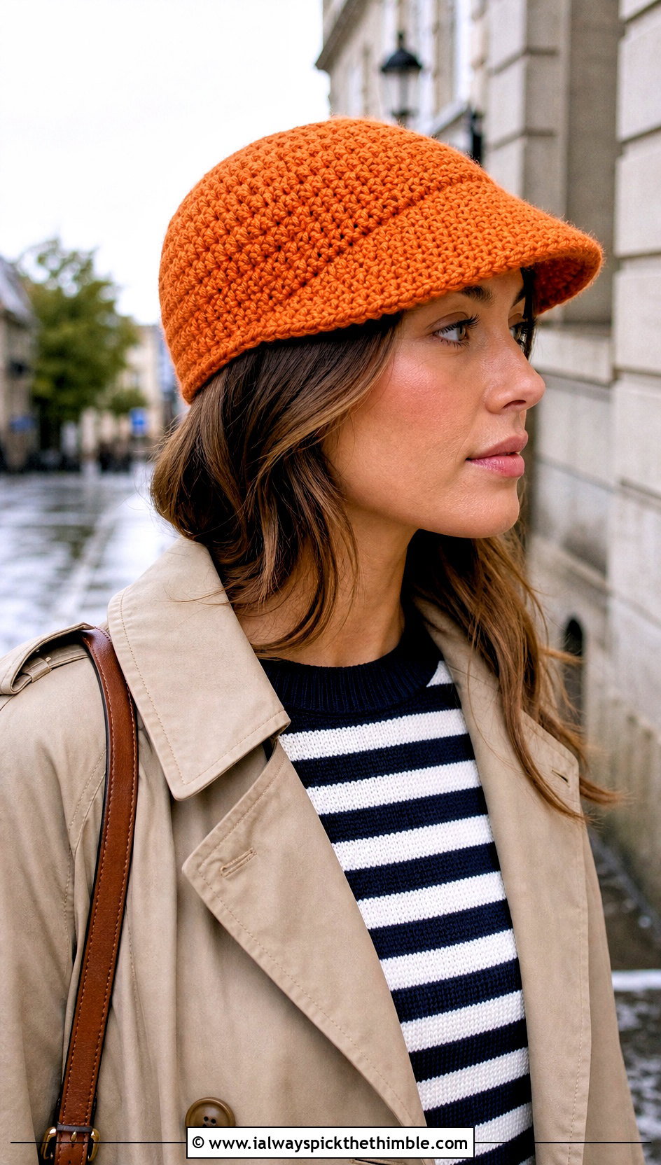 Flat Top Crochet Duckbill Cap With Trench Coat - 20 Flat Top Crochet Hat outfit ideas