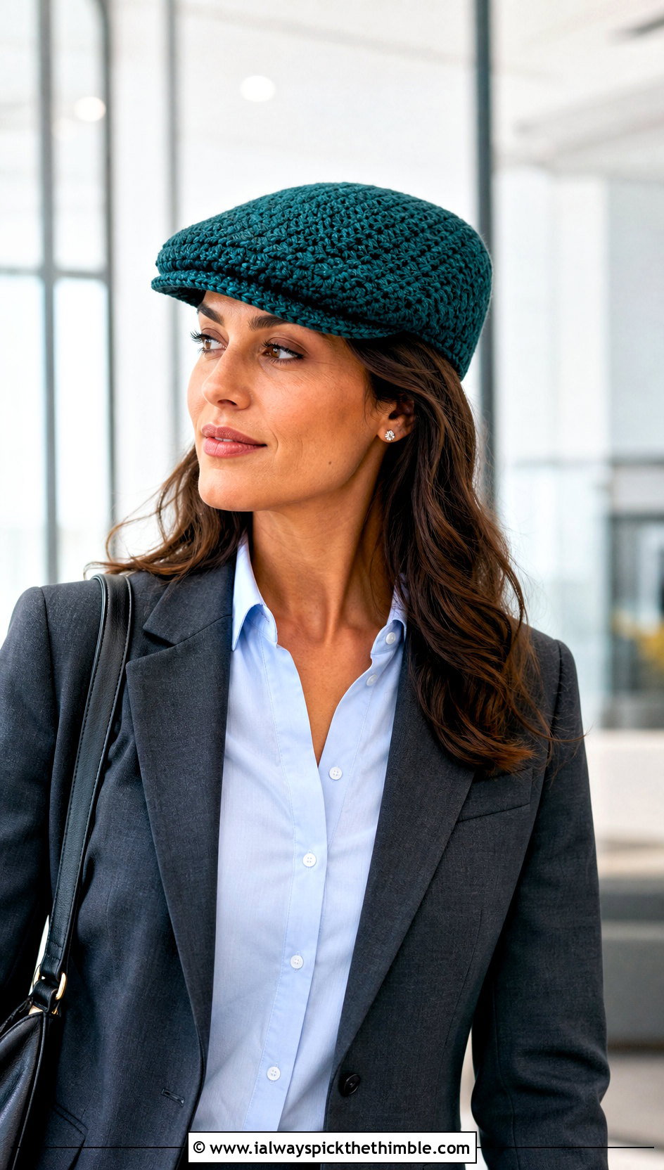 Flat Top Crochet Ivy Cap With Blazer And Trousers - 20 Flat Top Crochet Hat outfit ideas