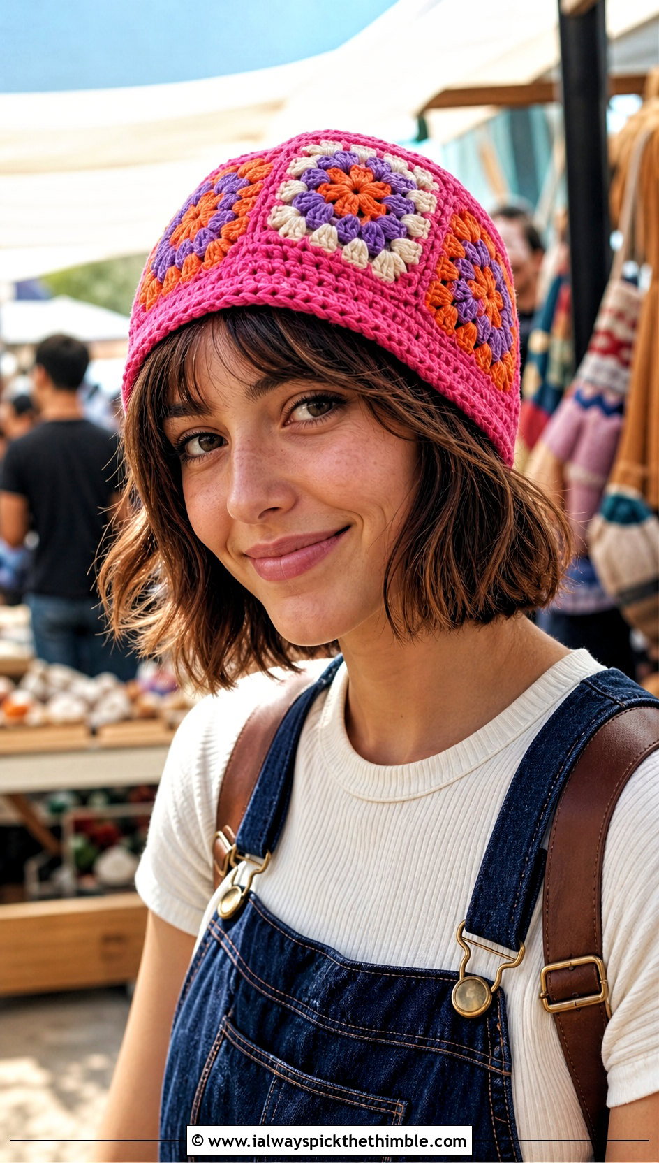 Flat Top Granny Square Crochet Hat With Overalls - 20 Flat Top Crochet Hat outfit ideas