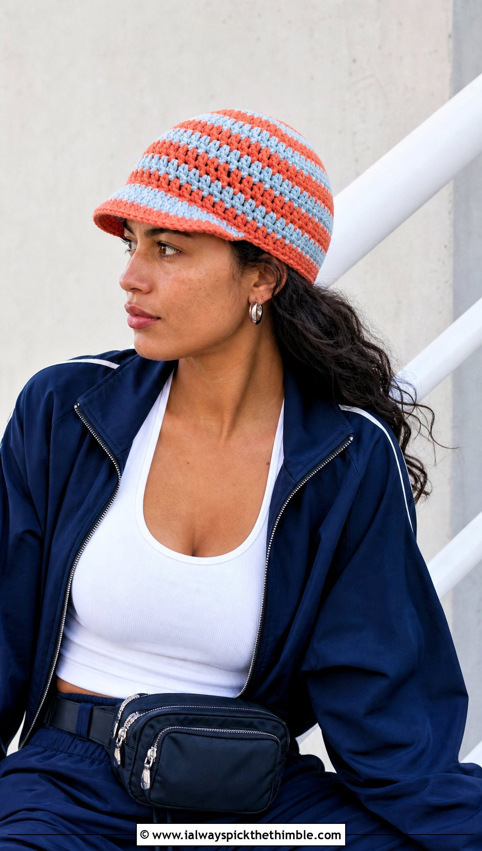 Flat Top Striped Crochet Cap With Tracksuit - 20 Flat Top Crochet Hat outfit ideas