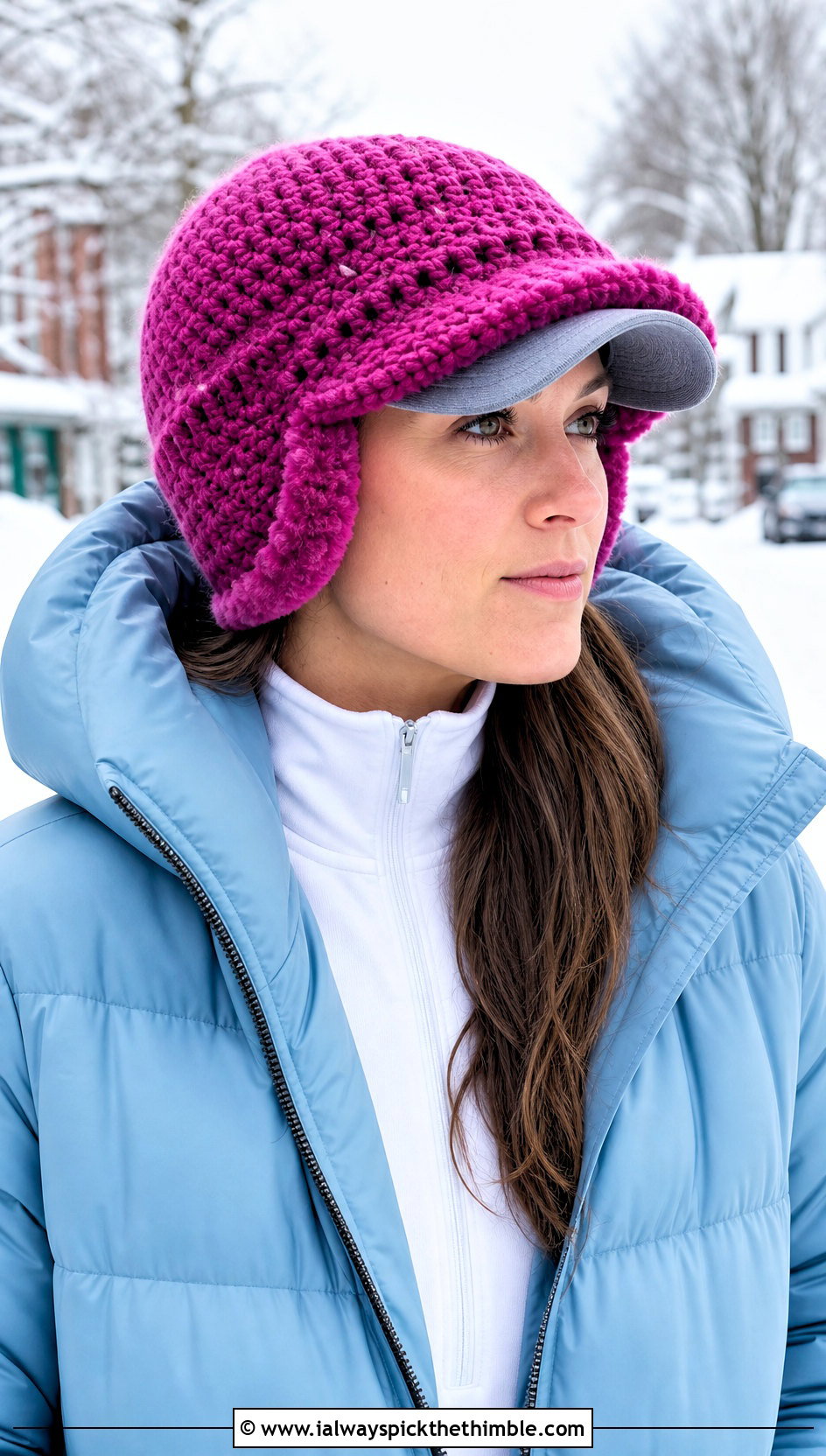 Fleece Lined Crochet Baseball Hat Ear Warmer With Long Puffer Coat - 20 Crochet Baseball Hat Ear Warmer outfit ideas