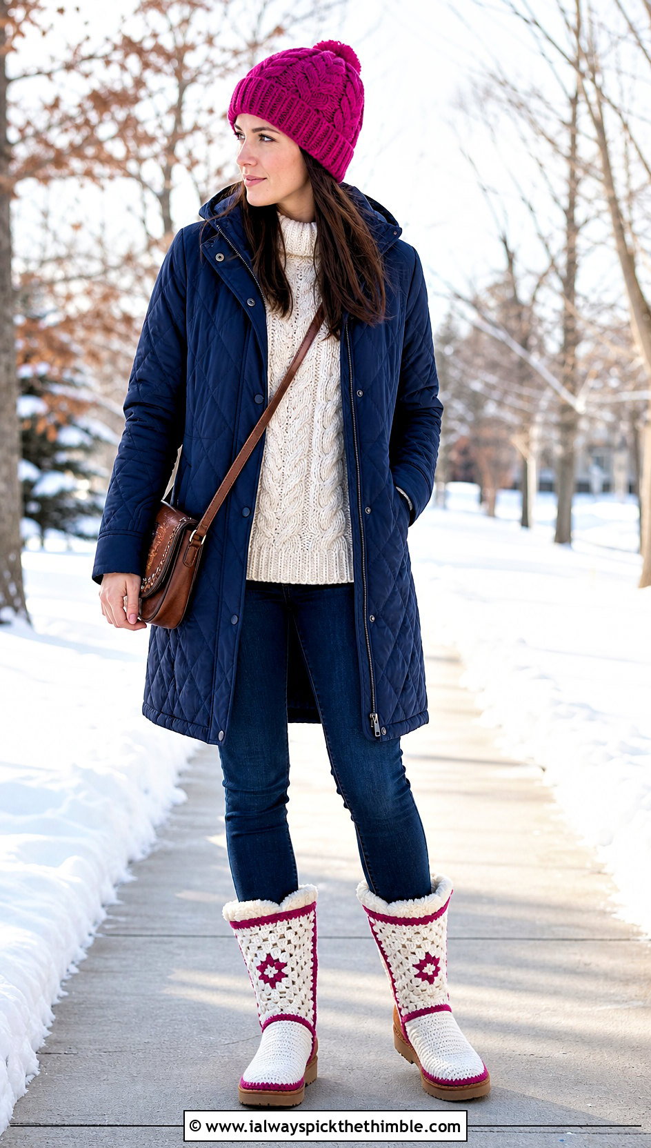 Fleece Lined Crochet Boots With A Quilted Coat - 15 white and brown crochet boots outfit ideas