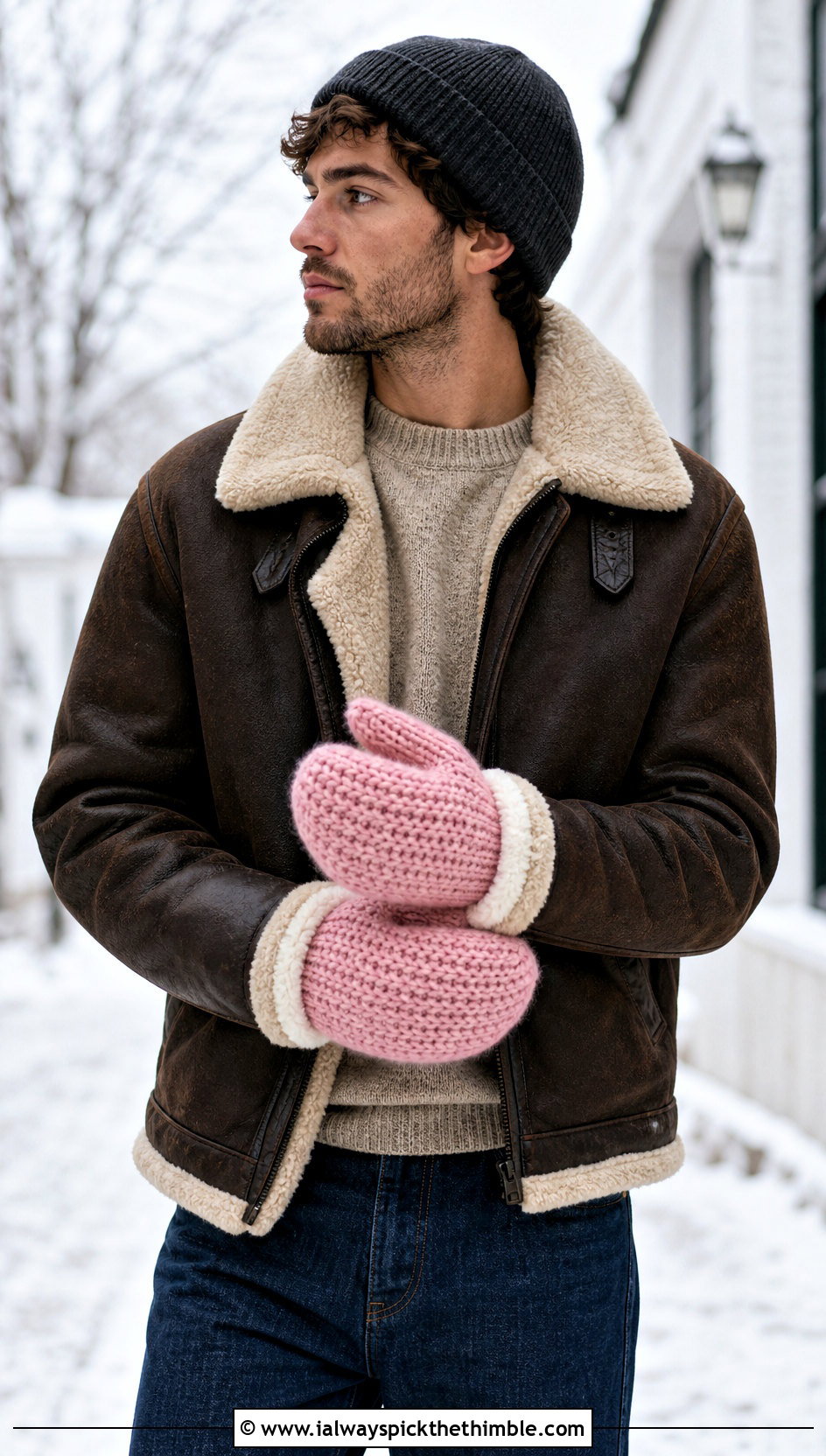 Fleece Lined Crochet Mittens With Shearling Jacket - 20 crochet mittens for men outfit ideas