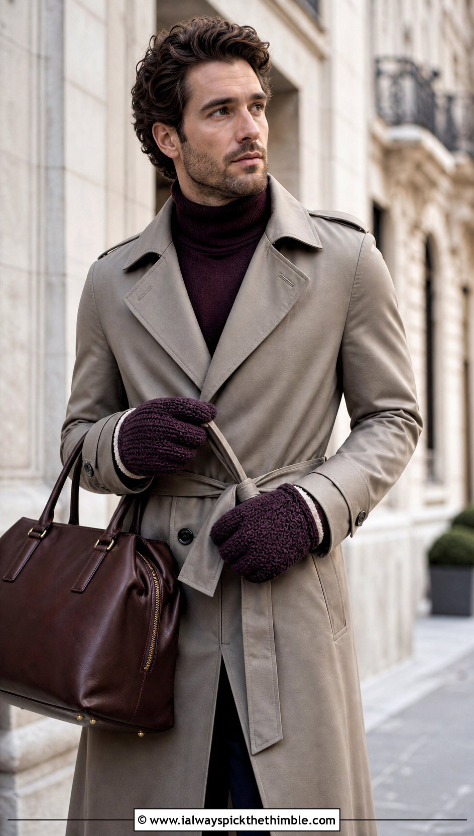 Fleece Lined Crochet Mittens With Trench Coat - 20 Mens Crochet Mittens outfit ideas
