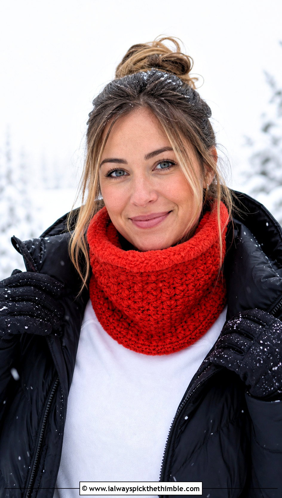 Fleece Lined Crochet Tube Cowl With Snow Jacket - 25 crochet cowl neck warmer outfit ideas