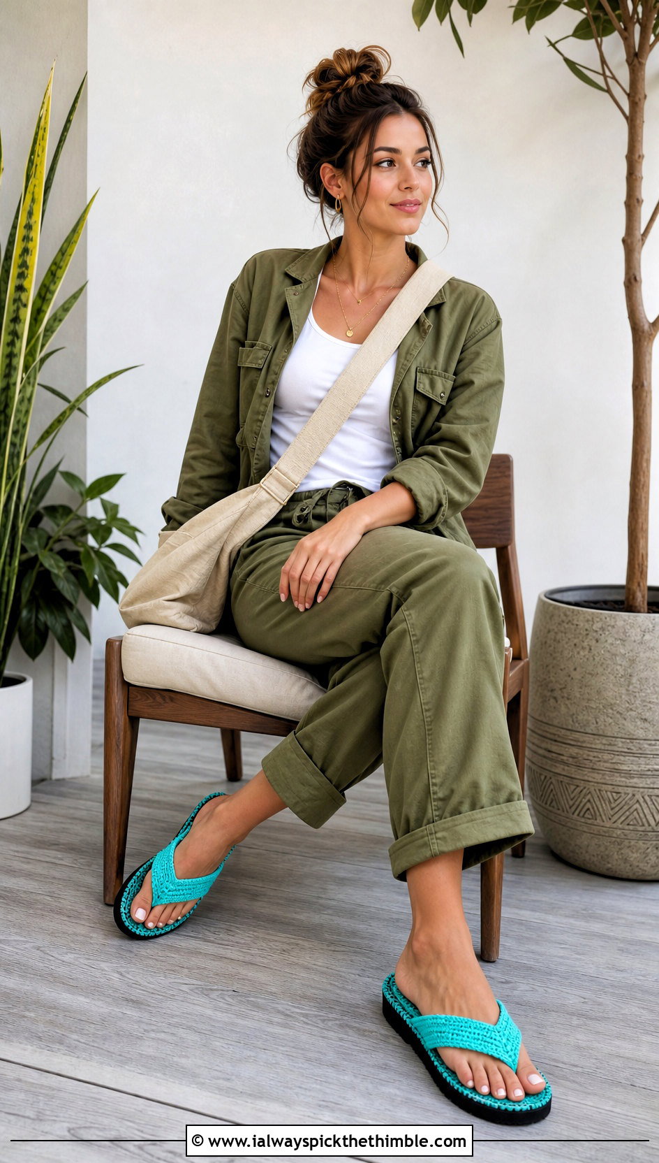 Flip Flop Sole Crochet Slippers With Utility Jumpsuit - 25 crocheted slippers outfit ideas