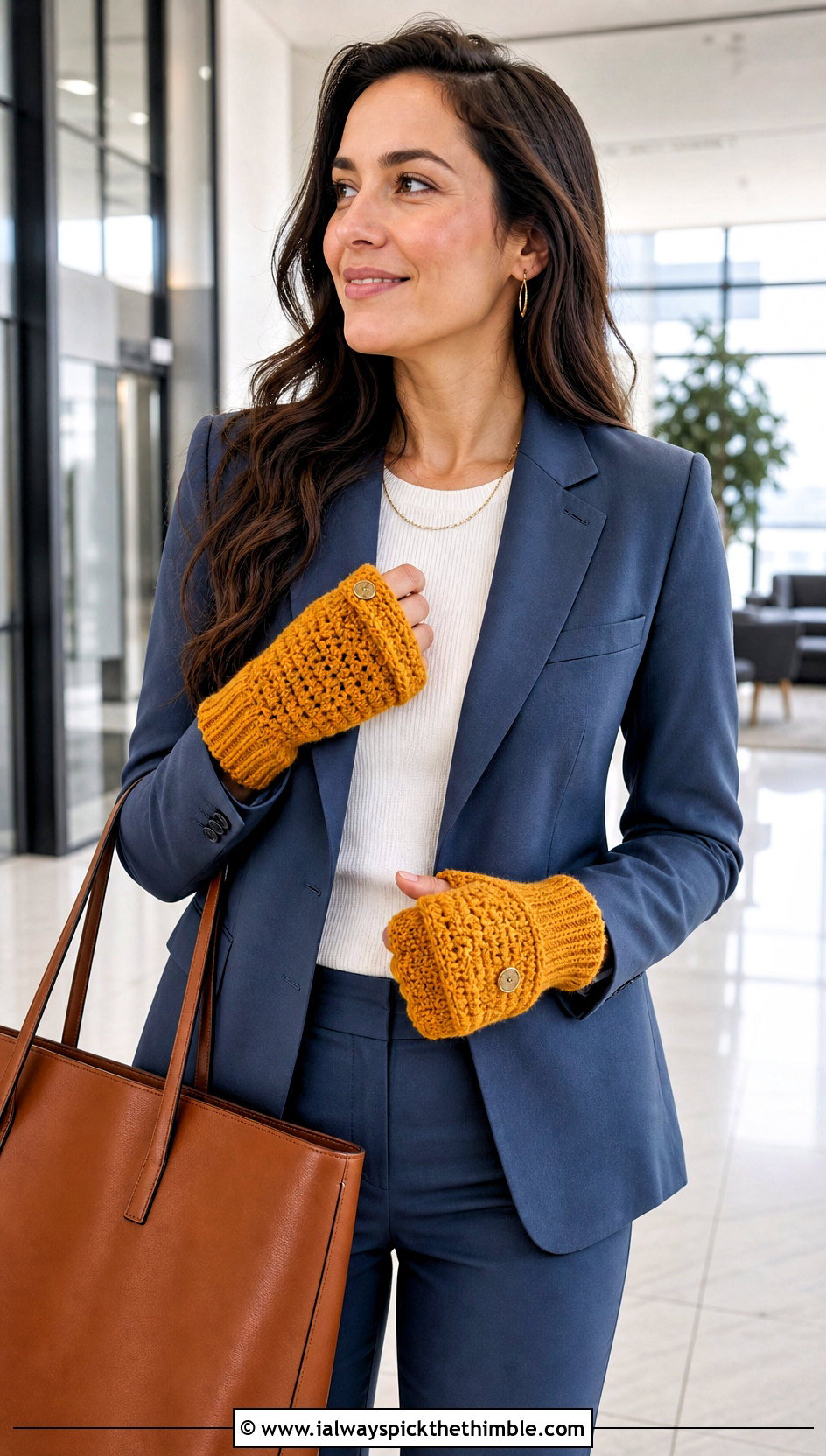Flip Top Crochet Mittens With Office Suit - 25 crochet mittens outfit ideas