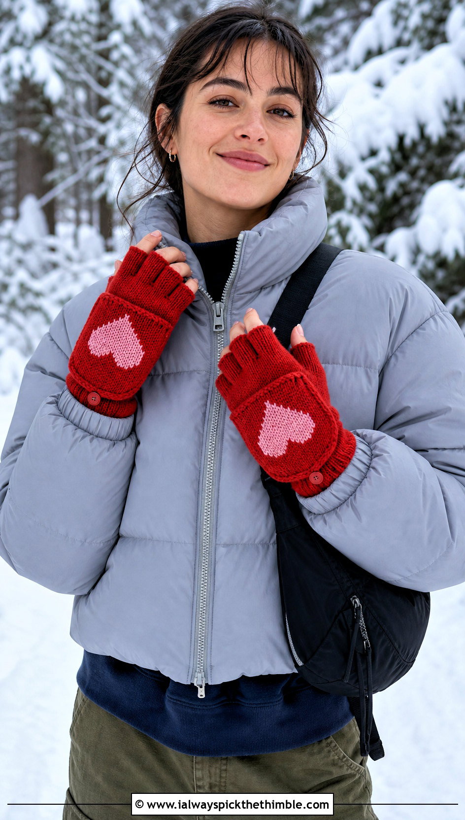 Flip Top Heart Mittens With Puffer Jacket - 15 Heart Crochet Gloves outfit ideas