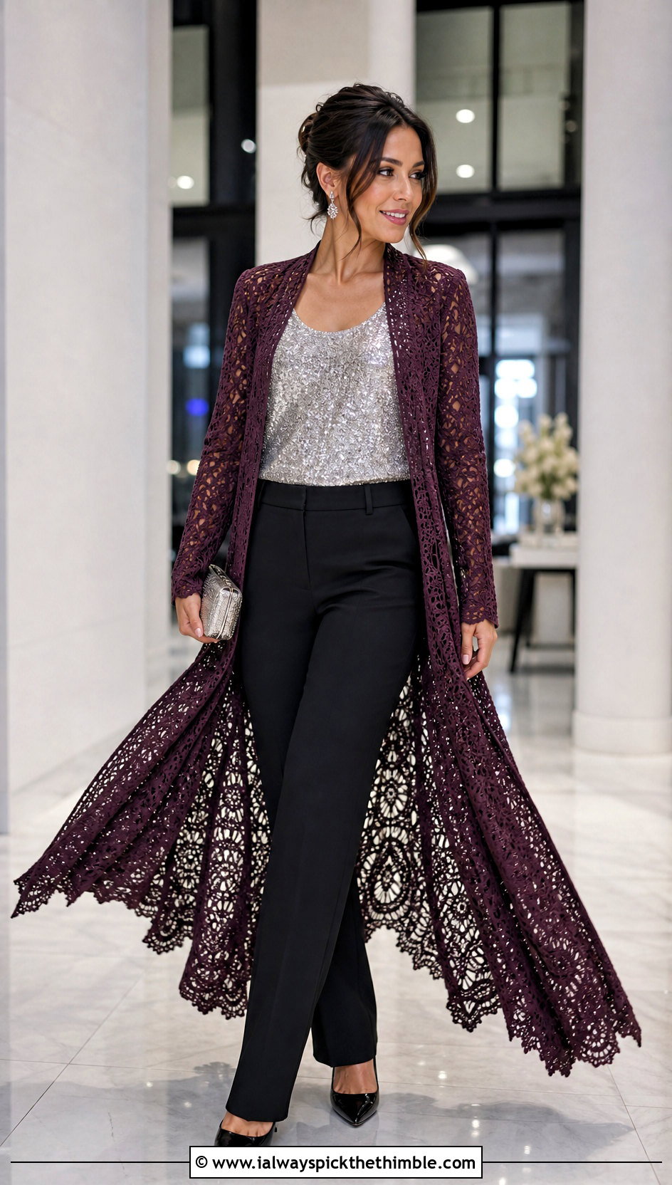Floor Length Crochet Duster With Sequin Top - 20 Long Crochet Duster outfit ideas