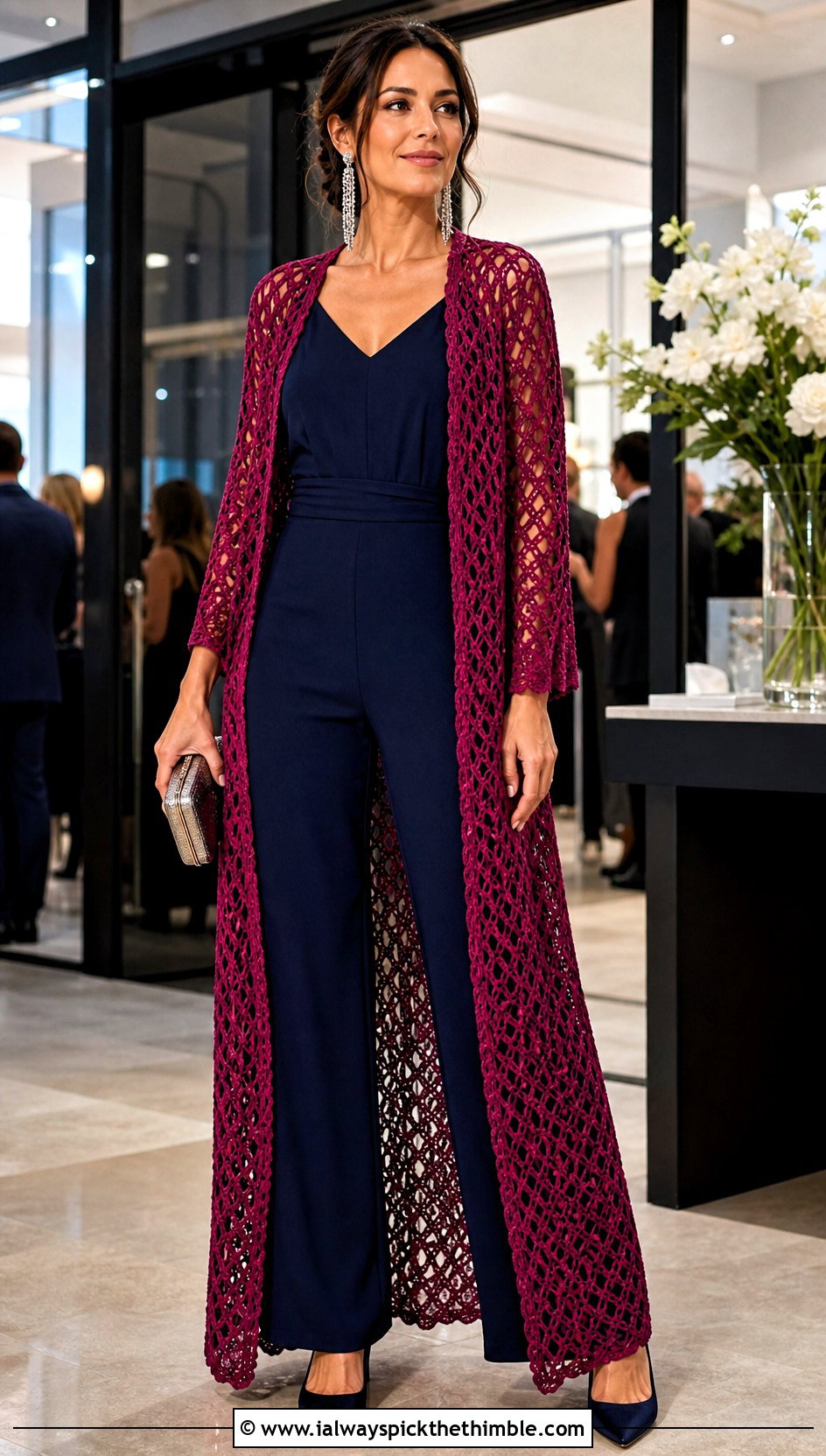 Floor Length Crochet Mesh Duster With Evening Jumpsuit - 25 crochet mesh cardigan outfit ideas