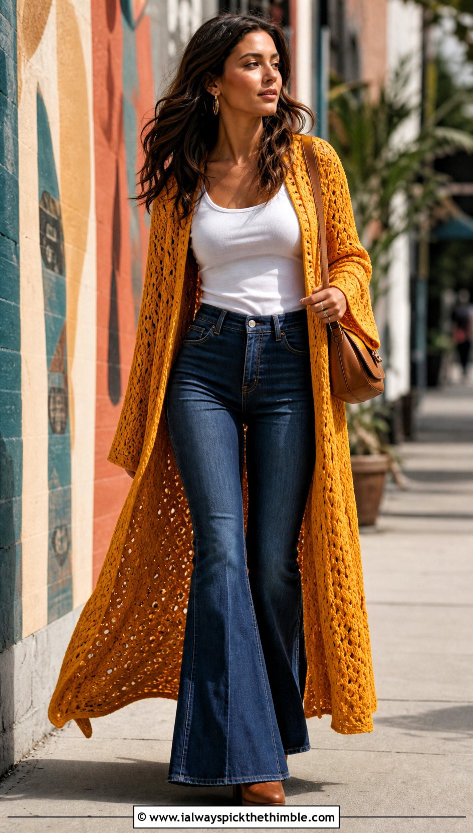 Floor Length Crocheted Kimono With Flared Jeans - 20 Crocheted Kimono outfit ideas