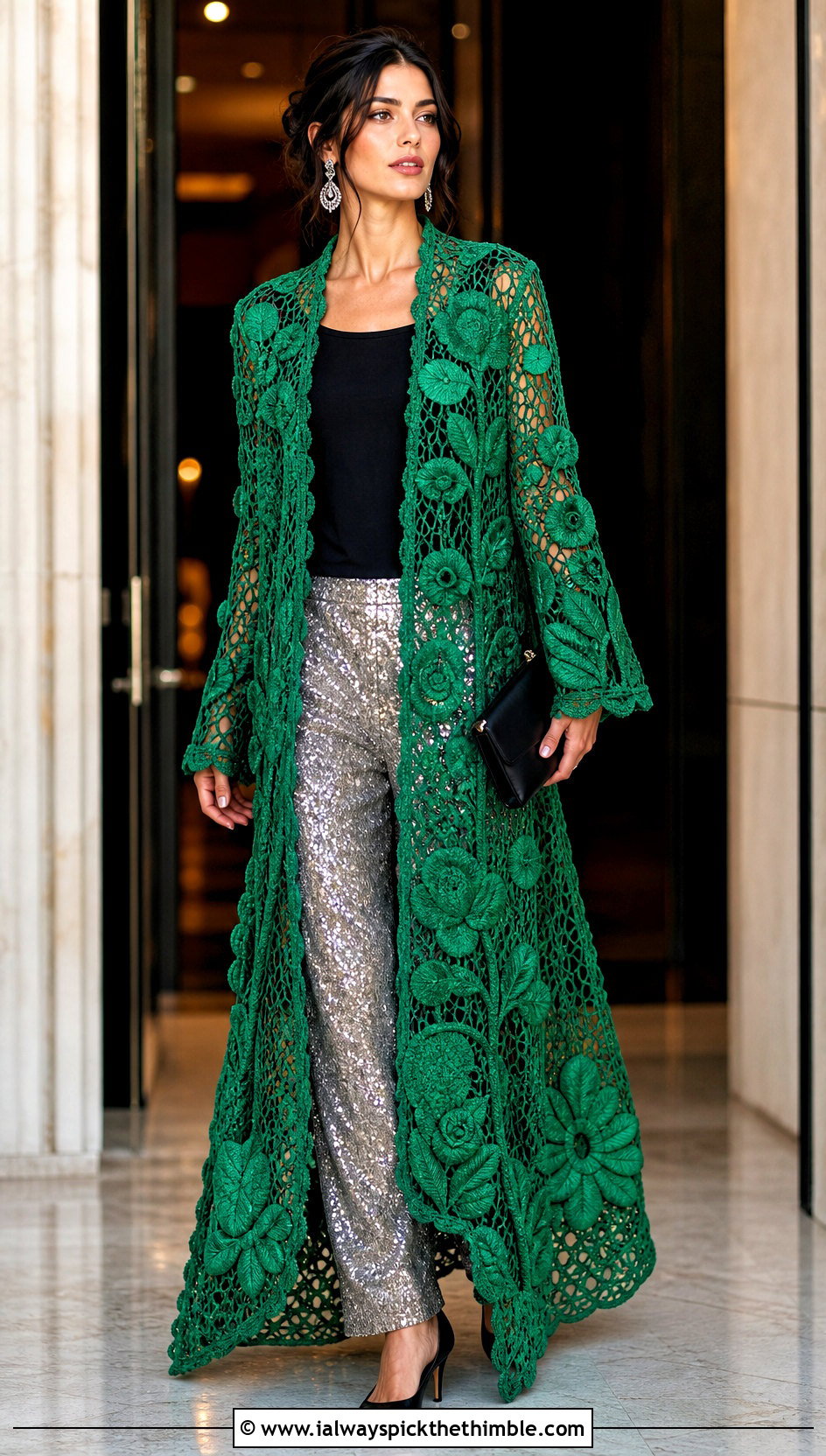 Floor Length Irish Crochet Coat With Sequin Trousers - 20 irish crochet coat outfit ideas