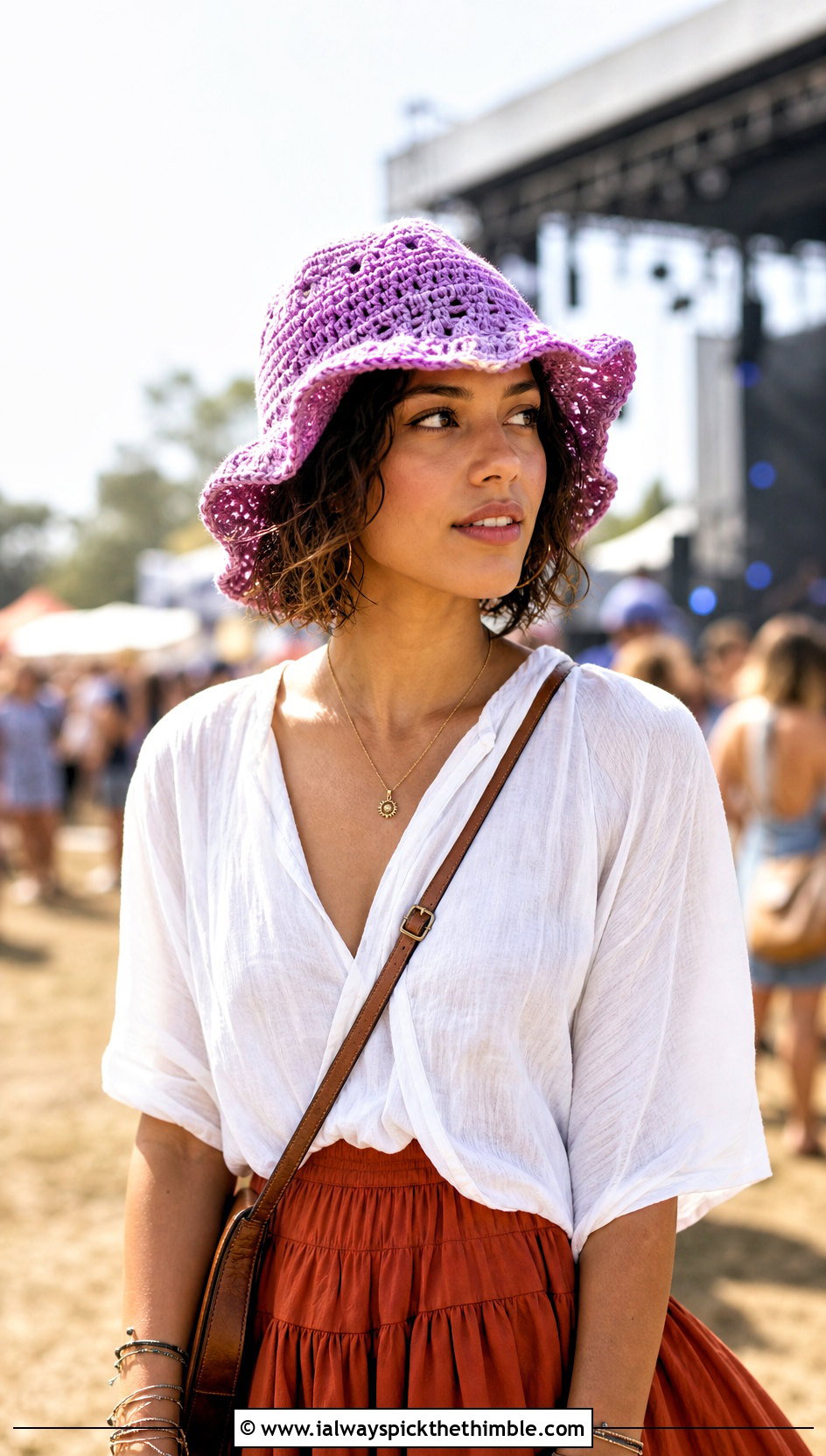 Floppy Brim Crochet Bucket Hat With Blouse And Tiered Skirt - 20 summer crochet bucket hat outfit ideas