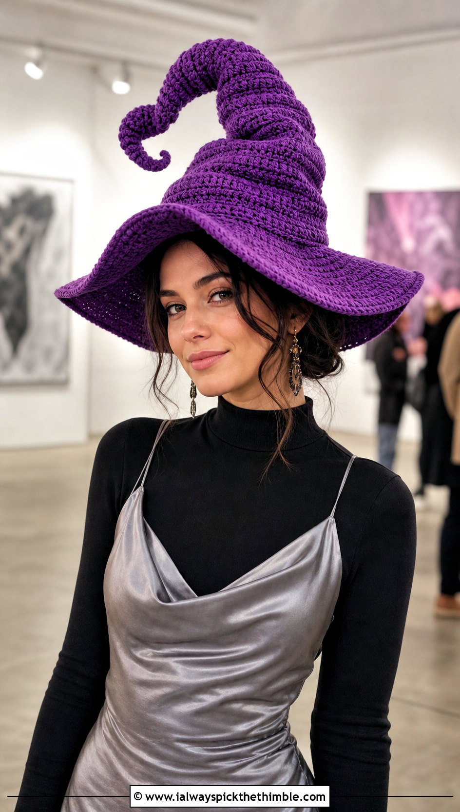 Floppy Brim Crochet Twisted Witch Hat With Slip Dress - 20 crochet twisted witch hat outfit ideas