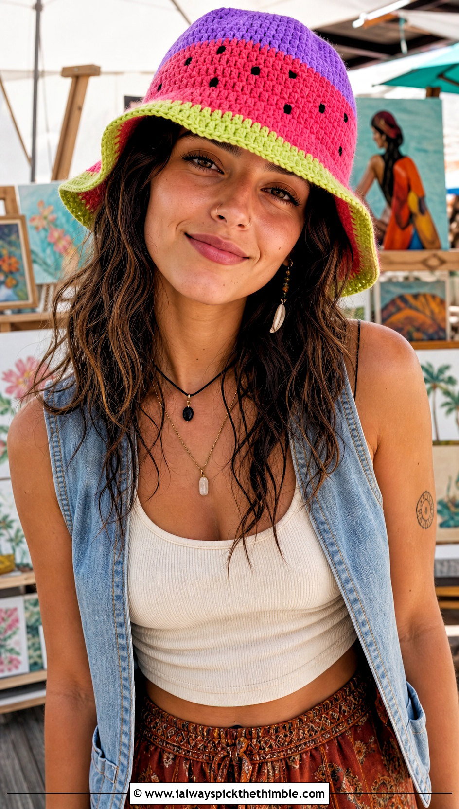 Floppy Brim Crochet Watermelon Bucket Hat With Boho Pants - 20 crochet watermelon bucket hat outfit ideas